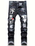 Patch Splatter Ripped Jeans, Men's Casual Street Style Distressed Slim Fit High Stretch Denim Pants For Spring Summer