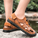 kkboxly Men Cowhide Leather Breathable Mesh Hand Stitching Non Slip Soft Casual Outdoor Sandals